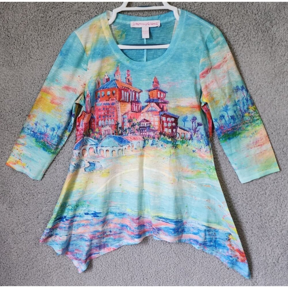 Leoma Lovegrove Women's 3/4 Sleeve Asymmetrical Hem T Shirt Beachy Art Size S